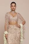 Buy_Arpita Mehta_Beige Net Embroidered Thread V-neck Floral Lehenga Set With Cape _Online_at_Aza_Fashions