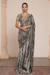 Buy_Arpita Mehta_Black Net Embroidered Thread Plunge-v Floral Pre-draped Saree With Blouse _at_Aza_Fashions