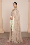 Arpita Mehta_Ivory Net Embroidered Thread Sweetheart Mirror Cape And Pre-draped Saree Set _Online_at_Aza_Fashions