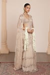 Buy_Arpita Mehta_Ivory Net Embroidered Thread Sweetheart Mirror Cape And Pre-draped Saree Set _Online_at_Aza_Fashions