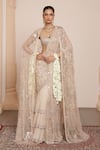 Shop_Arpita Mehta_Ivory Net Embroidered Thread Sweetheart Mirror Cape And Pre-draped Saree Set _Online_at_Aza_Fashions