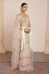 Arpita Mehta_Ivory Net Embroidered Thread Floral Mirror Pre-draped Saree With Blouse _Online_at_Aza_Fashions