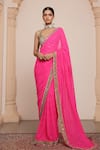 Buy_Arpita Mehta_Pink Saree Georgette Embroidery Zardozi Scoop Neck With Blouse _at_Aza_Fashions