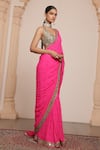 Buy_Arpita Mehta_Pink Saree Georgette Embroidery Zardozi Scoop Neck With Blouse _Online_at_Aza_Fashions