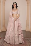 Buy_Arpita Mehta_Pink Net Embroidery Zardozi Sweetheart Neck Mirrorwork Bridal Lehenga Set _at_Aza_Fashions