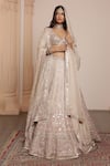 Buy_Arpita Mehta_Gold Blouse Net Embroidery Thread Plunge V Neck Bridal Lehenga Set _at_Aza_Fashions