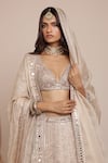 Arpita Mehta_Gold Blouse Net Embroidery Thread Plunge V Neck Bridal Lehenga Set _Online_at_Aza_Fashions