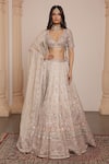 Shop_Arpita Mehta_Gold Blouse Net Embroidery Thread Plunge V Neck Bridal Lehenga Set _Online_at_Aza_Fashions