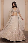 Arpita Mehta_Gold Blouse Net Embroidery Thread Plunge V Neck Bridal Lehenga Set _at_Aza_Fashions