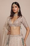 Buy_Arpita Mehta_Gold Blouse Net Embroidery Thread Plunge V Neck Bridal Lehenga Set 