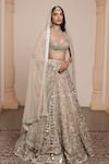 Buy_Arpita Mehta_Gold Blouse Net Embroidery Thread Sweetheart Neck Leaf Bridal Lehenga Set _at_Aza_Fashions