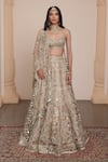 Buy_Arpita Mehta_Gold Blouse Net Embroidery Thread Sweetheart Neck Leaf Bridal Lehenga Set _Online_at_Aza_Fashions