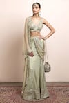 Buy_Arpita Mehta_Green Blouse And Pallu Net Embroidered Thread Mirrorwork Hem Godet Saree Set _at_Aza_Fashions