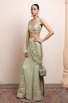 Buy_Arpita Mehta_Green Blouse And Pallu Net Embroidered Thread Mirrorwork Hem Godet Saree Set _Online_at_Aza_Fashions