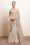 Buy_Arpita Mehta_Rose Gold Blouse And Pallu Net Metallic Mermaid Godet Saree Set With Embellished _at_Aza_Fashions