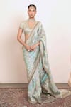 Buy_Arpita Mehta_Blue Blouse Georgette Embellished Leaf Butti Pattern Saree With Embroidered _at_Aza_Fashions