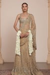 Buy_Arpita Mehta_Beige Net Embroidery Floral Square Neck Zari Pre-draped Saree With Blouse _at_Aza_Fashions