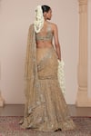 Shop_Arpita Mehta_Beige Net Embroidery Floral Square Neck Zari Pre-draped Saree With Blouse _at_Aza_Fashions