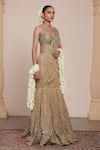 Buy_Arpita Mehta_Beige Net Embroidery Floral Square Neck Zari Pre-draped Saree With Blouse _Online_at_Aza_Fashions