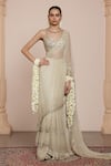 Buy_Arpita Mehta_Ivory Net Embroidery Mother Of Pearl Paan Neck Pre-draped Saree With Blouse _at_Aza_Fashions