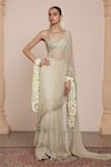 Shop_Arpita Mehta_Ivory Net Embroidery Mother Of Pearl Paan Neck Pre-draped Saree With Blouse _at_Aza_Fashions