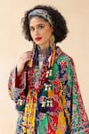 Payal Jain_Multi Color Cotton Printed Floral Stripe Plunge V Neck Embroidered Kaftan_Online_at_Aza_Fashions