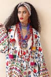 Payal Jain_Off White Cotton Printed Floral Plunge V Neck Farida Kaftan _Online_at_Aza_Fashions