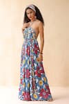 Payal Jain_Blue Double Georgette Printed Floral Halter Neck Sahar Dress _Online_at_Aza_Fashions