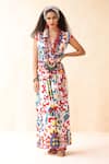 Buy_Payal Jain_Off White Linen Slub Printed Abstract Floral Plunge V Neck Vahida Dress _at_Aza_Fashions