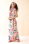 Payal Jain_Off White Linen Slub Printed Abstract Floral Plunge V Neck Vahida Dress _Online_at_Aza_Fashions