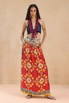 Buy_Payal Jain_Red Linen Slub Print Boho Fleur Wajiha Skirt _at_Aza_Fashions