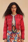 Payal Jain_Red Silk Print Ikat Diamond Jaal Open Neck Mariam Jacket _Online_at_Aza_Fashions