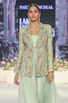 Shop_Payal Singhal_Blue Organza Embroidered Leaf Blazer Notched Lapel Shazia Sharara Set _at_Aza_Fashions