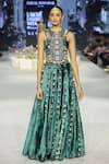 Buy_Payal Singhal_Green Velvet Embroidered Zardosi Round Tasseled Blouse And Skirt Set _at_Aza_Fashions