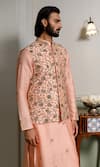 Buy_PS Men by Payal Singhal_Peach Dupion Silk Embroidered Zari Floral Vine Bundi Kurta Set _Online_at_Aza_Fashions