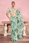 Buy_Krisha sunny Ramani_Green Georgette Printed Floral V-neck And Checks Pre-draped Saree With Blouse _at_Aza_Fashions