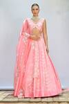 Buy_Priyanka Jain_Pink Italian Crepe Embroidered Floral V Neck Lehenga Blouse Set _at_Aza_Fashions