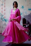 Deep Thee_Pink Georgette Embroidery Zardozi V Neck Ditsy Bloom Gathered Anarkali Set _at_Aza_Fashions