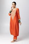 Pants and Pajamas_Orange Kurta Silk Chanderi Embroidered Sequin Round Yoke Pant Set _at_Aza_Fashions