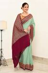 Naaritva India_Green Crepe Handwoven Flower Veil Contrast Hem Saree With Running Blouse _Online_at_Aza_Fashions