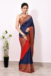 Naaritva India_Blue Handloom Cotton Handwoven Ditsy Phool Booti Saree With Running Blouse _Online_at_Aza_Fashions