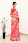 Naaritva India Pink Silk Embroidery Crest Fleur Jaal Woven Banarasi Saree With Running Blouse Online at Aza Fashions Naaritva India_Pink Silk Embroidery Crest Fleur Jaal Woven Banarasi Saree With Running Blouse _Online_at_Aza_Fashions