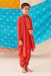 CUTE COUTURE_Red Silk Embellished Placket Kurta And Floral Bandhani Print Dhoti Pant Set _Online_at_Aza_Fashions