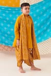 CUTE COUTURE_Yellow Silk Lace Placket Kurta And Floral Bandhani Print Dhoti Pant Set _Online_at_Aza_Fashions