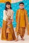 CUTE COUTURE_Yellow Silk Lace Placket Kurta And Floral Bandhani Print Dhoti Pant Set _at_Aza_Fashions