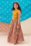 CUTE COUTURE_Yellow Silk Print Phool Bloom Blossom Embroidered Top And Patola Lehenga Set _Online_at_Aza_Fashions