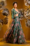 Buy_SONIA BADERIA_Green Chiffon Embellished Swarovski Jacket Open Studded Skirt Set _Online_at_Aza_Fashions