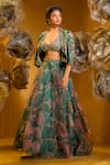 Shop_SONIA BADERIA_Green Chiffon Embellished Swarovski Jacket Open Studded Skirt Set _Online_at_Aza_Fashions