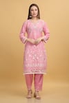 Aham-Vayam_Pink Georgette Embroidery Thread Round Mayuri Kurta Set _Online_at_Aza_Fashions