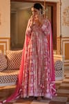 Buy_Kapraaaha_Pink Muslin Block Print Floral V Neck Hand Anarkali Set _at_Aza_Fashions